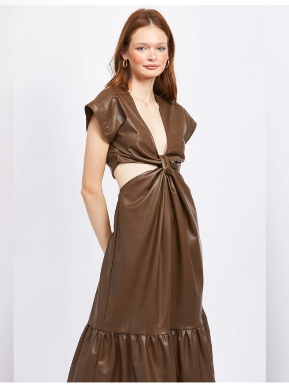 En Saison Like New Lana Cutout Vegan Leather Midi Dress Brown Size M